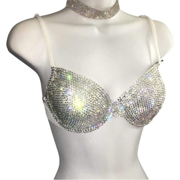 Luxe Crystal Diamond Rhinestone Glam Bling White Bra Top All Sizes New - Picture 4 of 9